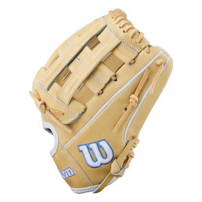 The Wilson A2000 FP1712 12″ Fastpitch Glove (WBG06901RT12) by Wilson is shown in a tan color with white and blue accents against a white background. This 12” fastpitch glove is open to display its webbing, detailed stitching, and features the innovative Flex System for enhanced comfort and control.