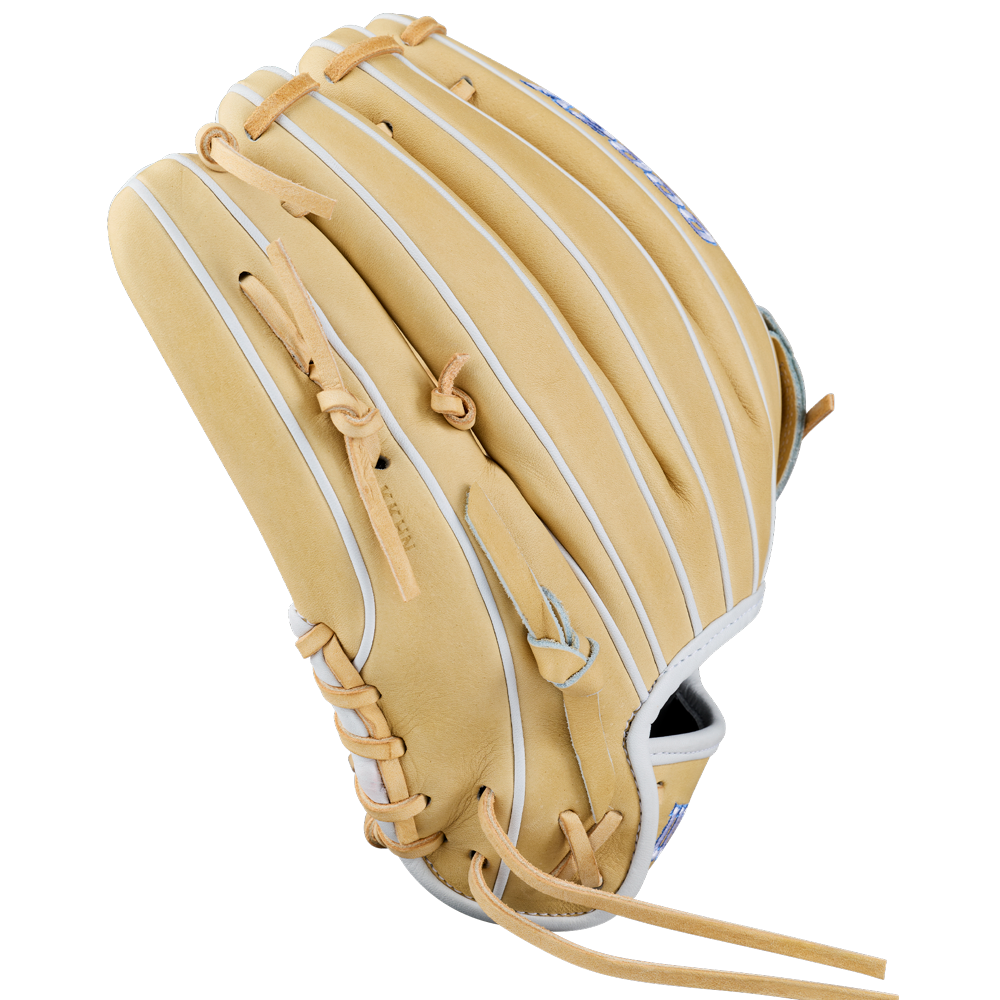 A tan and white Wilson A2000 FP1712 12″ Fastpitch Glove (WBG06901RT12) featuring visible stitching and laces, shown from the backside at a slight angle to highlight the pocket and wrist opening.