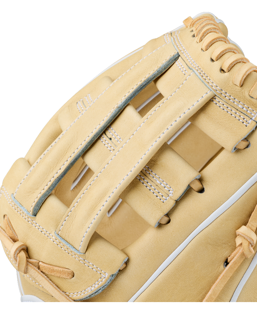Close-up of a Wilson A2000 FP1712 12″ Fastpitch Glove (WBG06901RT12) in tan leather with white accents, highlighting the detailed stitching and lacing on the webbing and edges, designed with a Flex System for enhanced comfort and performance.