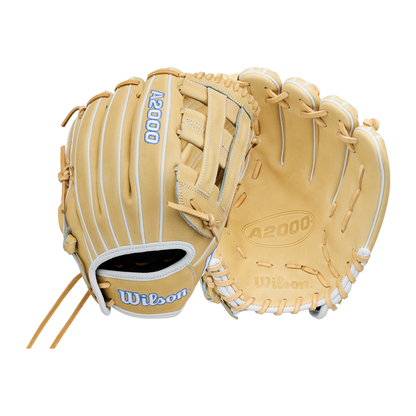 Two tan Wilson A2000 FP1712 12″ Fastpitch Gloves (WBG06901RT12) are shown: one displays the front highlighting the detailed stitching, webbing, and Flex System design features, while the other shows the palm with prominent A2000 and Wilson branding.