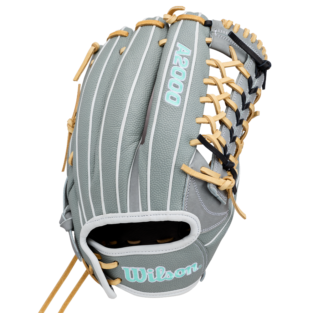 A Wilson A2000 T125SS 12.5″ Fastpitch Glove (WBG07001RT125) in gray with tan laces and white accents, displayed from the top to highlight the Wilson brand name and detailed stitching. This glove offers a classic look with advanced performance features, making it an excellent choice for outfield play.
