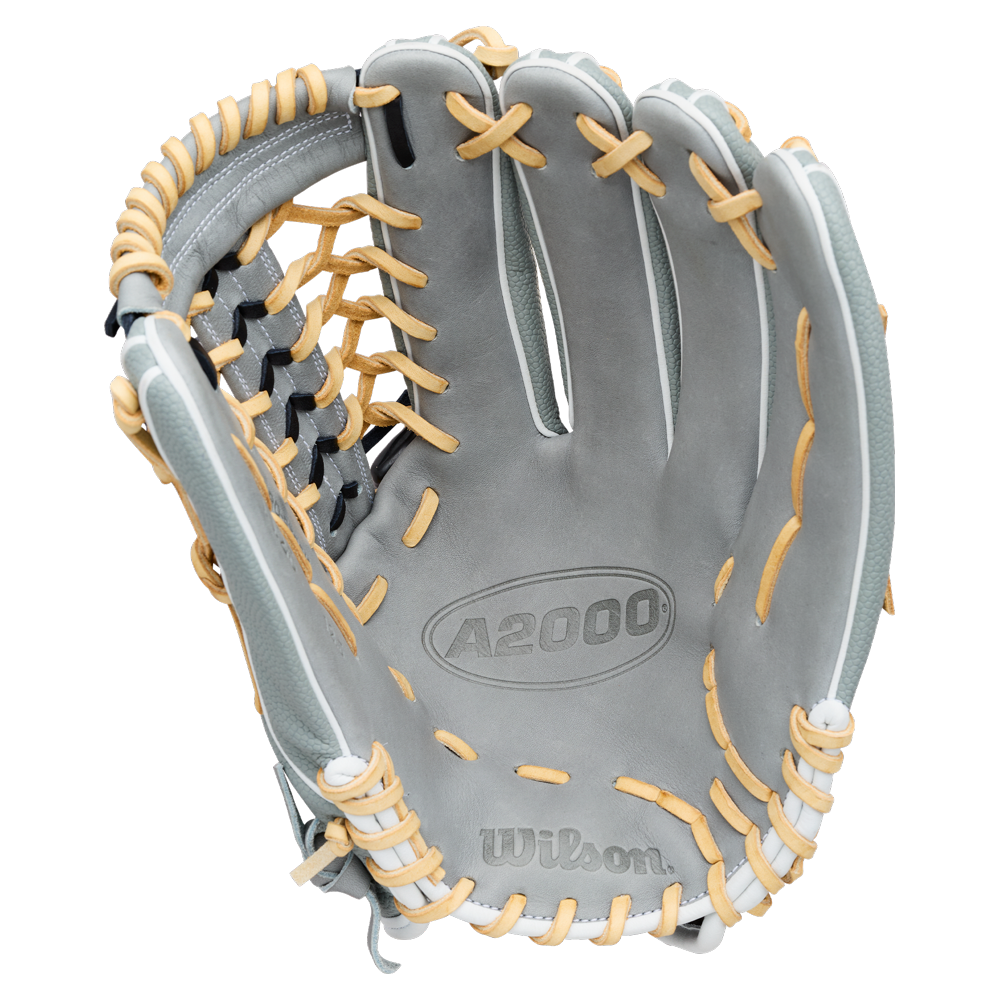 The Wilson A2000 T125SS 12.5″ Fastpitch Glove (WBG07001RT125) by Wilson features a gray design with tan laces and an open web, shown from the palm side, making it an ideal choice for outfielders.