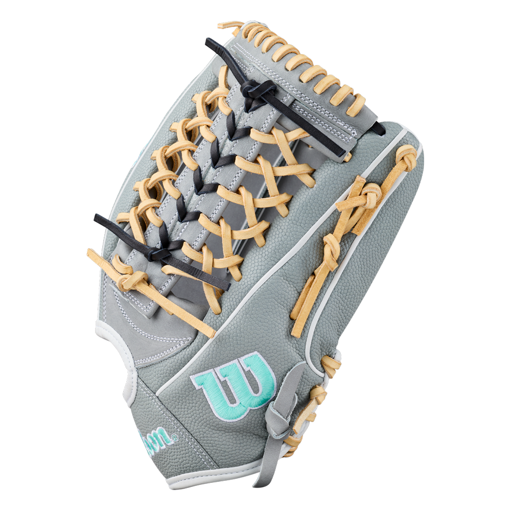 The Wilson A2000 T125SS 12.5″ Fastpitch Glove (WBG07001RT125) features a stylish gray and tan design with light blue accents, intricate lacing, and the Wilson logo stitched on the thumb. Perfect for outfielders seeking top-tier performance and standout style, this glove from Wilson delivers exceptional quality for fastpitch players.