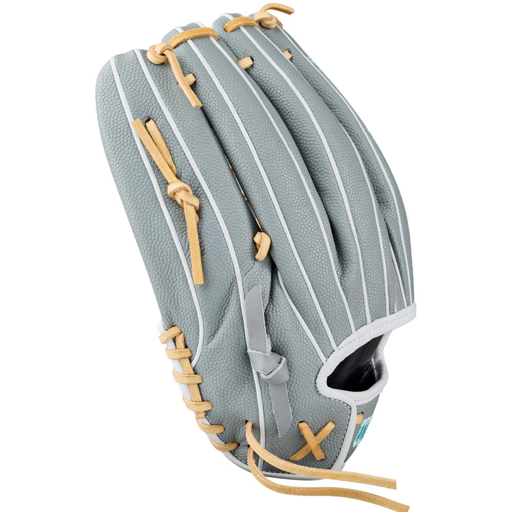 A Wilson A2000 T125SS 12.5″ Fastpitch Glove (WBG07001RT125) in gray with tan laces and white stitching, shown palm side down.