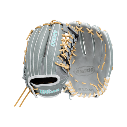 A pair of Wilson A2000 T125SS 12.5″ Fastpitch Gloves (WBG07001RT125) by Wilson, in light gray with tan laces, displayed from the front and back on a white background.