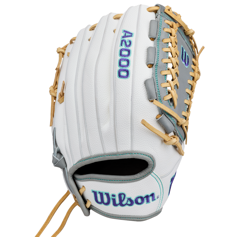Introducing the Wilson A2000 FPHGSS 12″ Fastpitch Glove (WBG07101RT12)—a premier white Wilson glove accented with gray and tan laces, blue stitching, and the Wilson logo on both the wrist and thumb. Expertly engineered for softball infielders, this glove features an innovative Flex System to deliver superior comfort and performance on the field.
