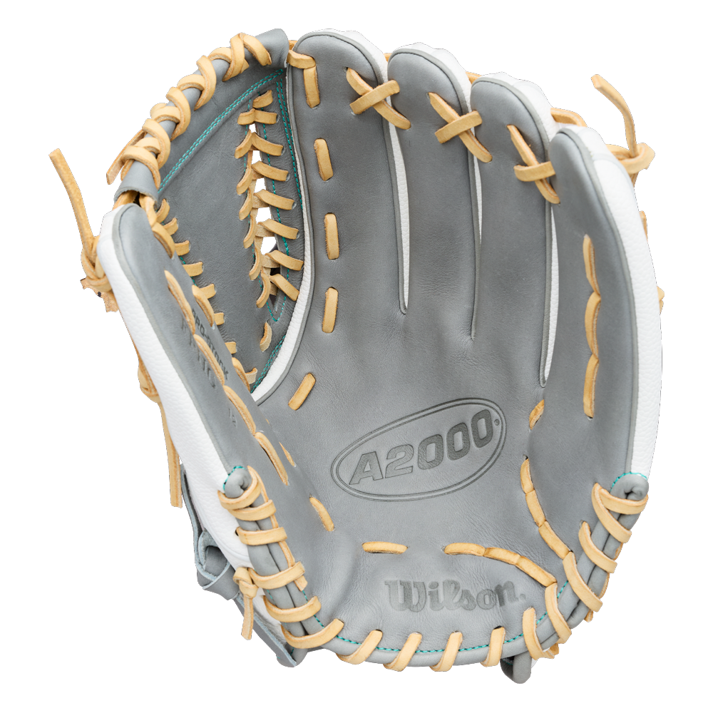 The Wilson A2000 FPHGSS 12″ Fastpitch Glove (WBG07101RT12) by Wilson is a gray glove with tan laces, displayed open with the palm facing up, and features the innovative Flex System for enhanced comfort and flexibility—making it an excellent choice for softball infielders.