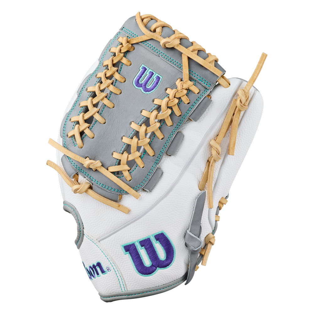The Wilson A2000 FPHGSS 12″ Fastpitch Glove (WBG07101RT12) by Wilson is displayed on a plain white background; it features a white and gray design with tan laces, purple “W” logos on the outer side and thumb, and the Flex System for enhanced comfort.