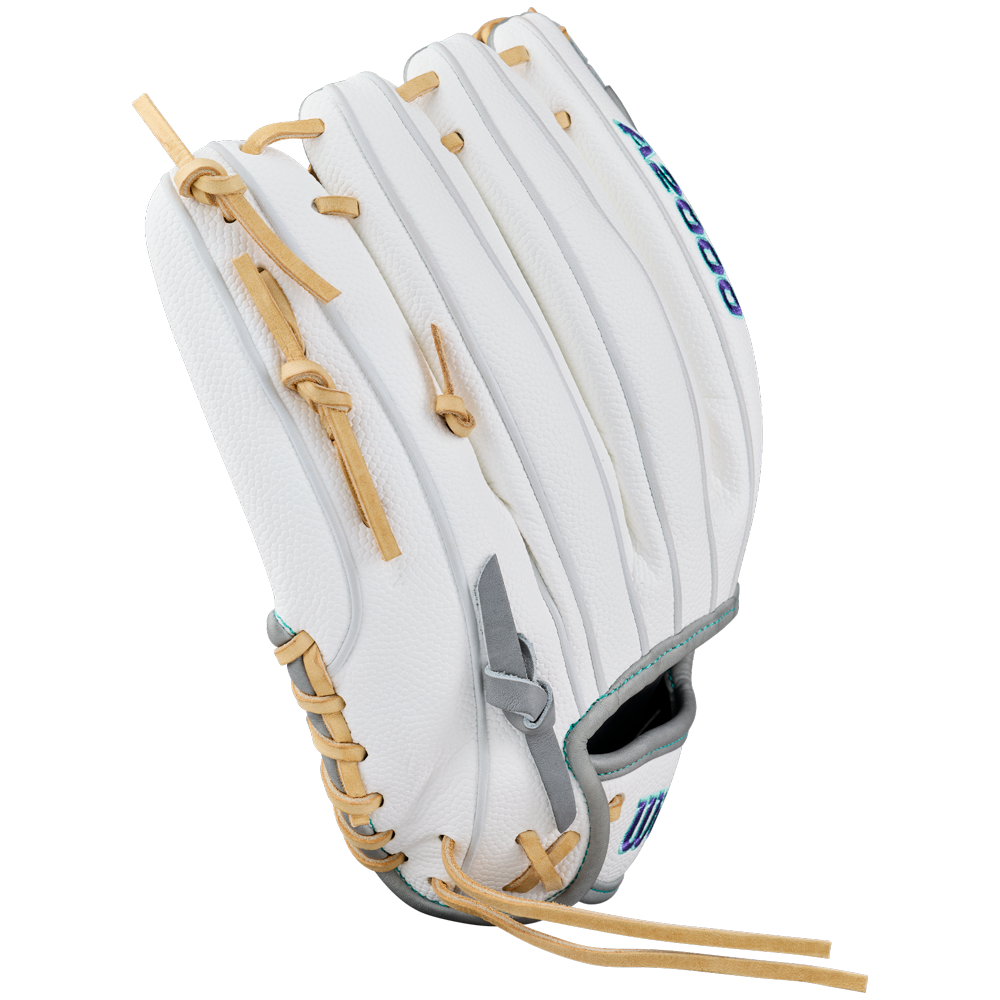 Experience top-tier performance with the Wilson A2000 FPHGSS 12″ Fastpitch Glove (WBG07101RT12) by Wilson. Featuring a white leather construction with tan laces, gray trim, and blue lettering, this glove showcases detailed stitching and a rich leather texture on the closed back side. Built for enhanced comfort with a Flex System, it’s an ideal choice for softball infielders seeking professional quality.