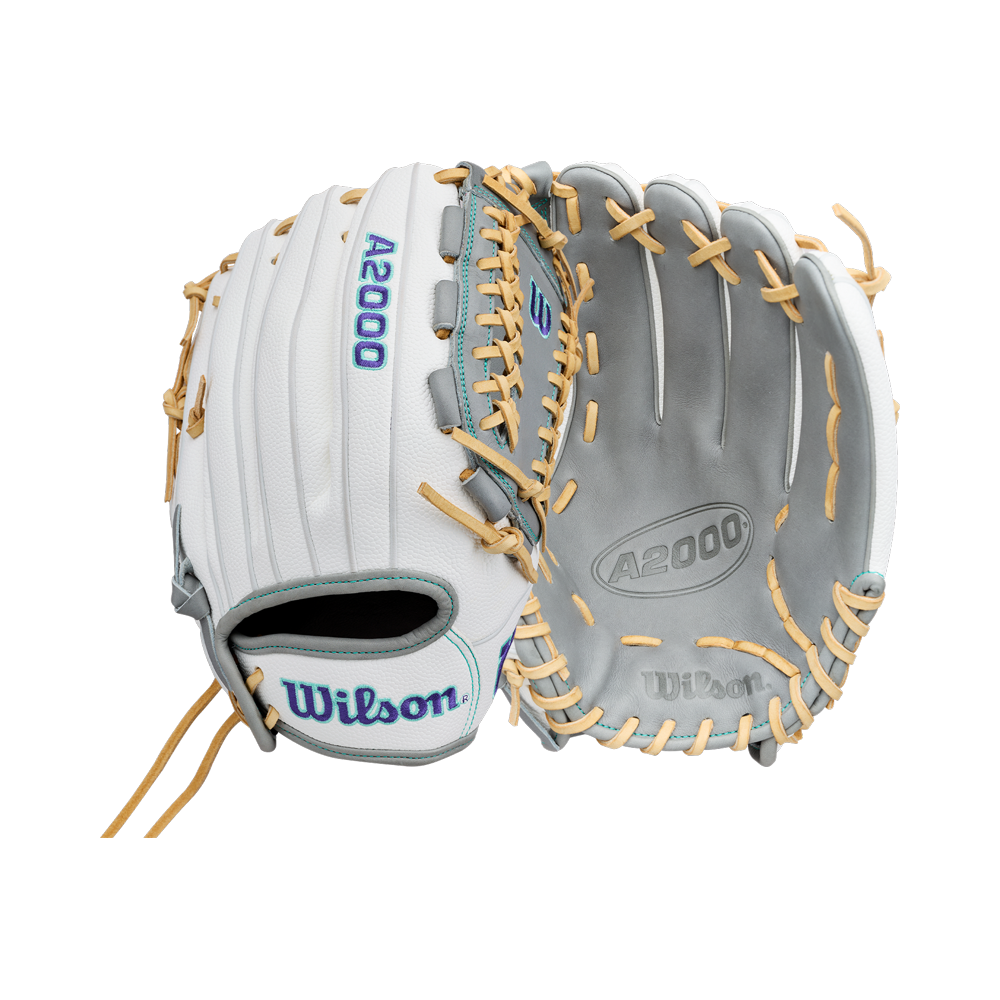 Two white and grey Wilson A2000 FPHGSS 12″ Fastpitch Gloves (WBG07101RT12) with tan laces are displayed; one showcases the back featuring the Wilson logo and highlights the Flex System, while the other reveals the palm side embossed with A2000—making this Wilson glove an excellent premium choice for fastpitch softball infielders.