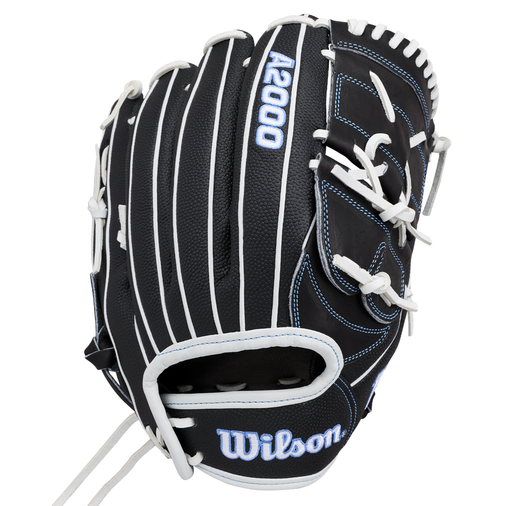 The Wilson A2000 FPB25SS 12.25″ Fastpitch Glove (WBG07201RT1225) by Wilson is displayed against a white background, featuring a black design with white laces and blue stitching.