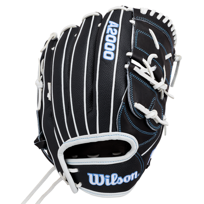The Wilson A2000 FPB25SS 12.25″ Fastpitch Glove (WBG07201RT1225) by Wilson is displayed against a white background, featuring a black design with white laces and blue stitching.