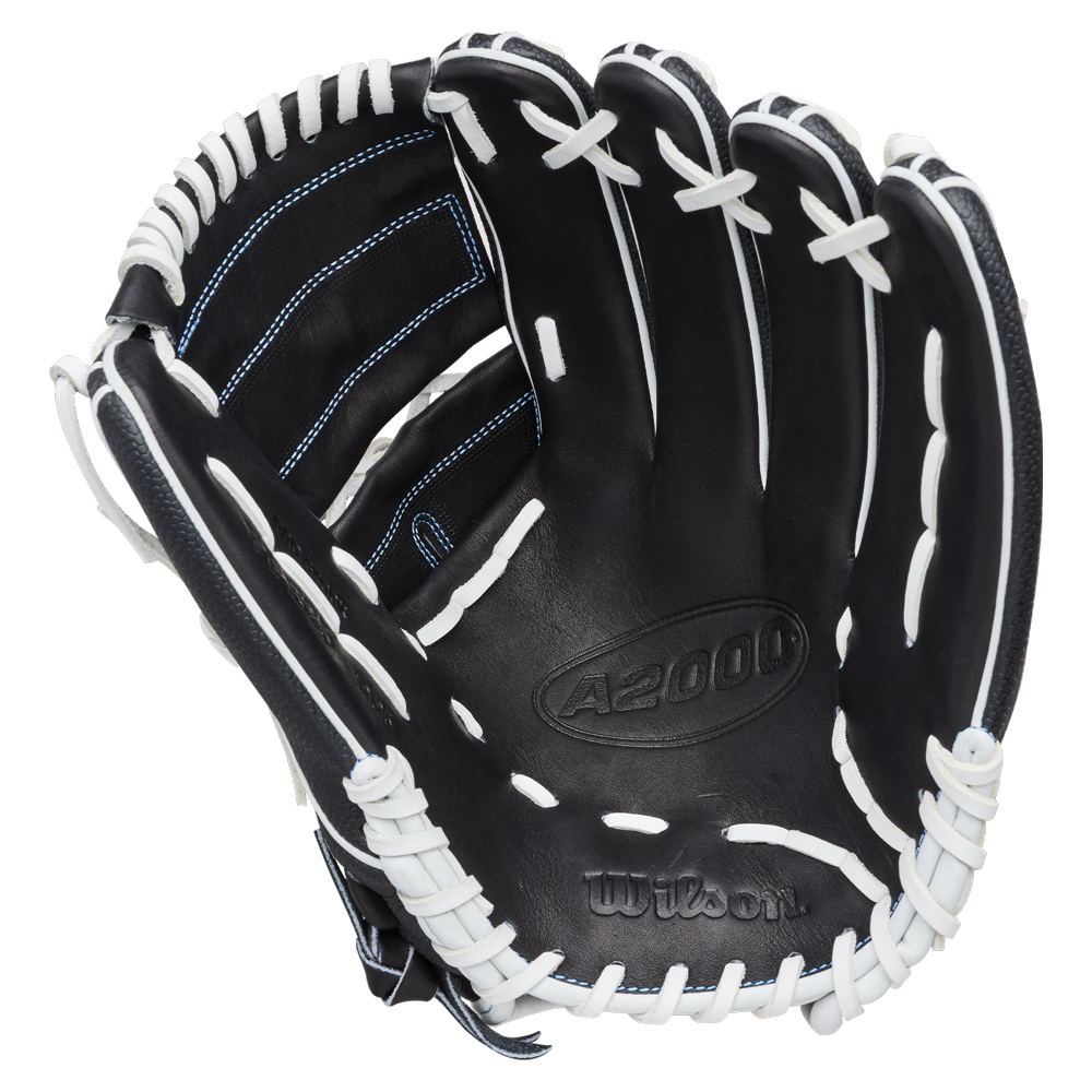 A Wilson A2000 FPB25SS 12.25″ Fastpitch Glove (WBG07201RT1225) in black with white laces, open and palm-up to reveal intricate stitching and Wilson branding—a premium pitcher’s glove expertly crafted for elite fastpitch performance.