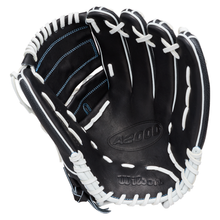 A Wilson A2000 FPB25SS 12.25″ Fastpitch Glove (WBG07201RT1225) in black with white laces, open and palm-up to reveal intricate stitching and Wilson branding—a premium pitcher’s glove expertly crafted for elite fastpitch performance.