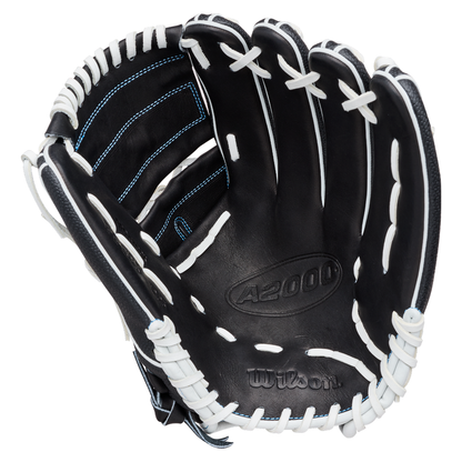 A Wilson A2000 FPB25SS 12.25″ Fastpitch Glove (WBG07201RT1225) in black with white laces, open and palm-up to reveal intricate stitching and Wilson branding—a premium pitcher’s glove expertly crafted for elite fastpitch performance.