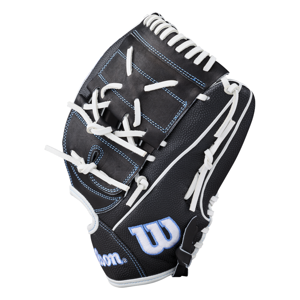 The Wilson A2000 FPB25SS 12.25″ Fastpitch Glove (WBG07201RT1225) features a sleek black design with white laces and blue stitching, highlighted by a blue and white W logo on the side—making it the perfect choice for fastpitch players who want both style and high-level performance.