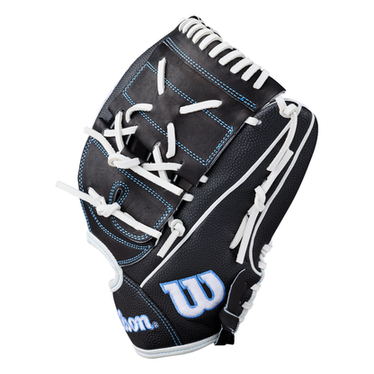 The Wilson A2000 FPB25SS 12.25″ Fastpitch Glove (WBG07201RT1225) features a sleek black design with white laces and blue stitching, highlighted by a blue and white W logo on the side—making it the perfect choice for fastpitch players who want both style and high-level performance.