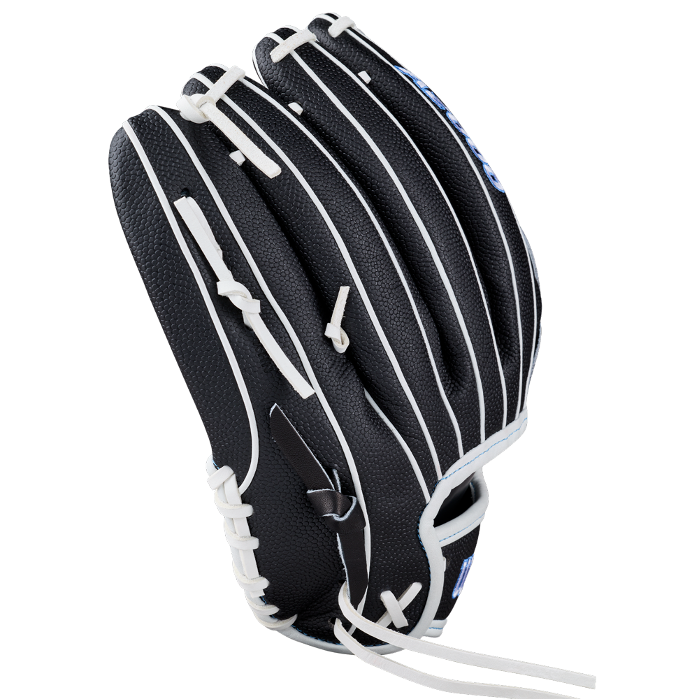 A Wilson A2000 FPB25SS 12.25″ Fastpitch Glove (WBG07201RT1225) in black with white laces and stitching is shown upright, highlighting the back side and finger slots—this Wilson glove delivers both style and performance for pitchers.