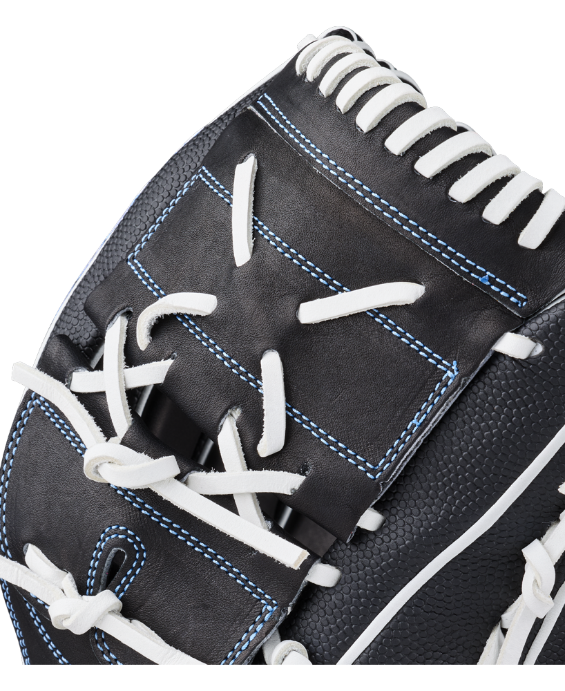 Close-up of the Wilson A2000 FPB25SS 12.25″ Fastpitch Glove (WBG07201RT1225), featuring black leather with white laces and blue stitching, highlights the detailed craftsmanship and textured finish. This expertly designed 12.25” pitcher’s glove from Wilson offers fastpitch players outstanding performance and style.
