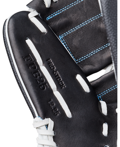 Close-up of the Wilson A2000 FPB25SS 12.25″ Fastpitch Glove by Wilson, featuring a black design with white laces and blue stitching. The glove showcases “A2000,” “PRO-STOCK,” and “12.25” embossed on the leather, highlighting its status as a premium 12.25” pitcher’s glove built for high-performance play on the mound.