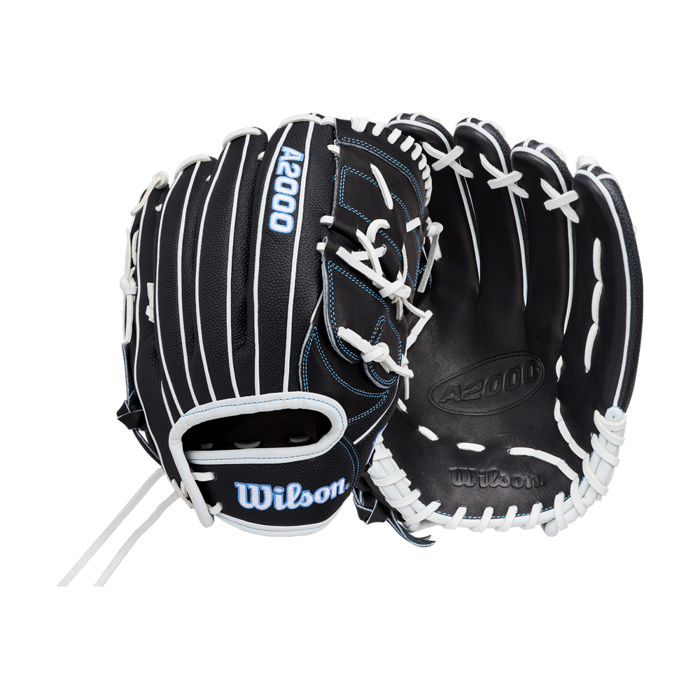 Two views of a black Wilson A2000 FPB25SS 12.25″ Fastpitch Glove (WBG07201RT1225) with white laces and stitching. One glove shows the palm side, while the other displays the back featuring the Wilson logo and A2000 branding.