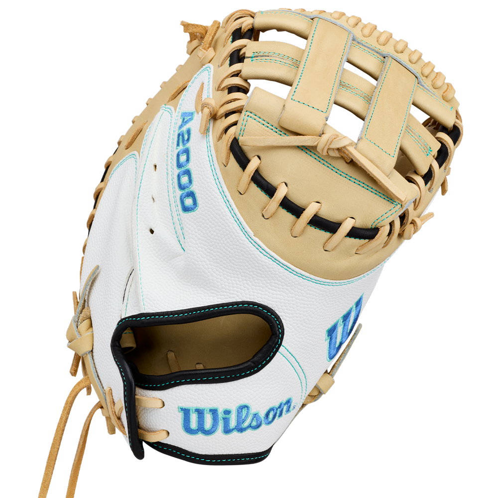 A tan and white Wilson A2000 FPCM23SS 34″ Fastpitch Catcher’s Mitt (WBG07301RT34) features blue stitching, leather laces, and the Wilson logo embroidered on the wrist; this lightweight mitt also includes a durable Dual Post Web for added versatility on the field.