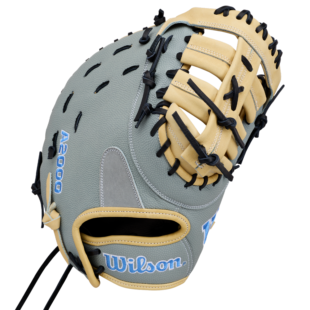 Introducing the Wilson A2000 FP1620SS 12.5″ Fastpitch First Base Mitt (WBG07401RT125) from Wilson—a glove crafted in grey and tan Pro Stock leather with black laces, featuring the iconic Wilson logo and an open webbing design for superior durability and elite performance on the field.