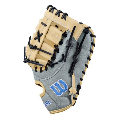 A Wilson A2000 FP1620SS 12.5″ Fastpitch First Base Mitt (WBG07401RT125) in gray and tan with black laces and a blue W logo is pictured facing palm out, angled slightly to the left against a white background. Made from durable Pro Stock leather, this Wilson glove combines style and high-level performance on the field.
