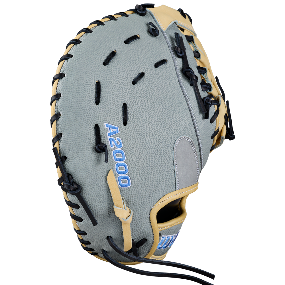 A Wilson A2000 FP1620SS 12.5″ Fastpitch First Base Mitt (WBG07401RT125), featuring a gray and tan design crafted from durable Pro Stock leather with black laces and blue A2000 stitching along the side, is shown against a white background. This Wilson glove delivers the quality and performance expected in a fastpitch first base mitt.