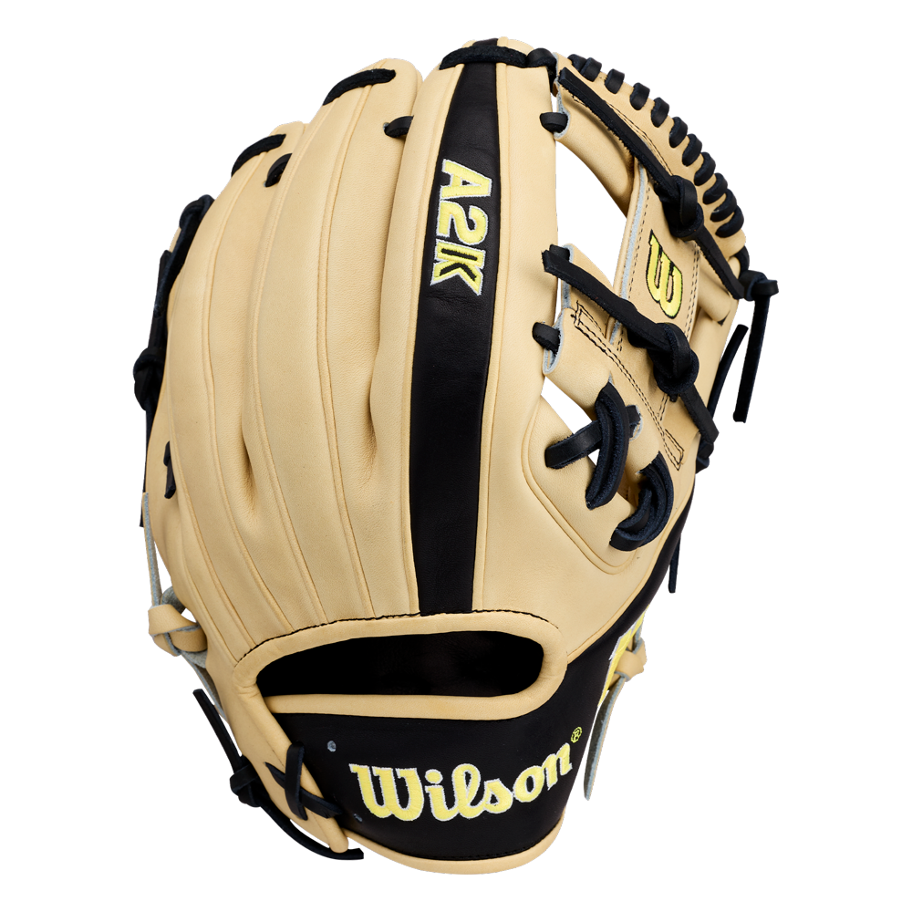 Featuring a tan and black color scheme with visible laces, an open web design, and the Wilson logo on the palm, the Wilson A2K 1786 11.5″ Baseball Glove (WBG07601RT115) showcases exceptional craftsmanship inspired by handmade Japanese baseball gloves—making it a top infield choice for players seeking quality and performance.