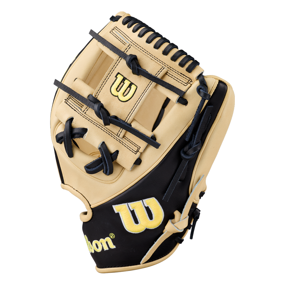 A tan and black Wilson A2K 1786 11.5″ Baseball Glove (WBG07601RT115) features black laces and yellow Wilson logos on the thumb and wrist area, displayed against a white background. Crafted by Wilson, this premium glove provides exceptional performance and superior craftsmanship for serious infielders.
