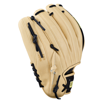 A Wilson A2K 1786 11.5″ Baseball Glove (model WBG07601RT115) in tan leather with black laces is displayed against a white background, palm side down and fingers pointing upward.