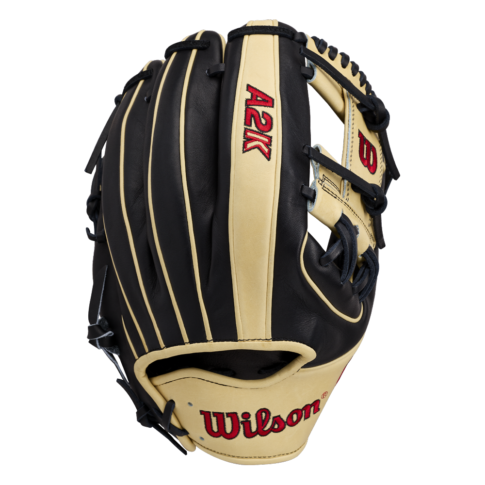 A Wilson A2K 1724 11.75″ Baseball Glove (WBG07701RT1175) in black and tan, featuring Double Palm Construction, with “A2K” and “Wilson” embroidered in red on the glove. The palm side is shown facing away.