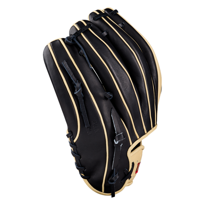 The Wilson A2K 1724 11.75″ Baseball Glove: WBG07701RT1175 by Wilson features a striking black and beige design with distinctive lacing detail. Shown from the palm side and isolated on a white background, this infielder’s glove offers precision and control with Double Palm Construction.