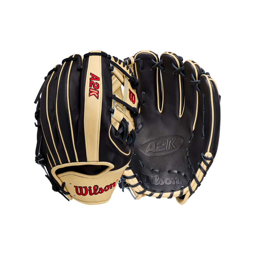 The Wilson A2K 1724 11.75″ Baseball Glove (WBG07701RT1175) by Wilson is presented in tan and black, shown from both the front and back to highlight its red logo, intricate stitching, and Double Palm Construction for enhanced durability.