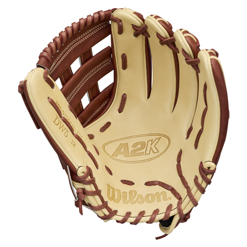 The Wilson A2K DW5 12″ Baseball Glove (WBG07801RT12) by Wilson is a tan and brown glove crafted from premium Pro Stock Select leather, featuring visible stitching and open webbing, and displayed palm up—making it an ideal choice for third basemen.