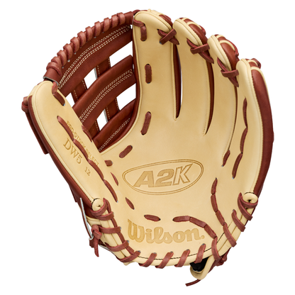 The Wilson A2K DW5 12″ Baseball Glove (WBG07801RT12) by Wilson is a tan and brown glove crafted from premium Pro Stock Select leather, featuring visible stitching and open webbing, and displayed palm up—making it an ideal choice for third basemen.
