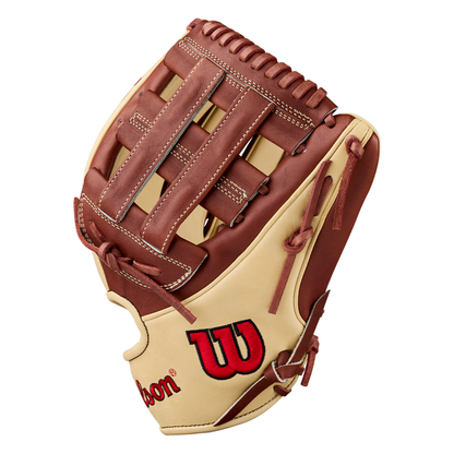 A Wilson A2K DW5 12″ Baseball Glove (WBG07801RT12) in tan and brown Pro Stock Select leather, featuring red stitching and a bold red Wilson “W” logo on the side, is shown against a white background.