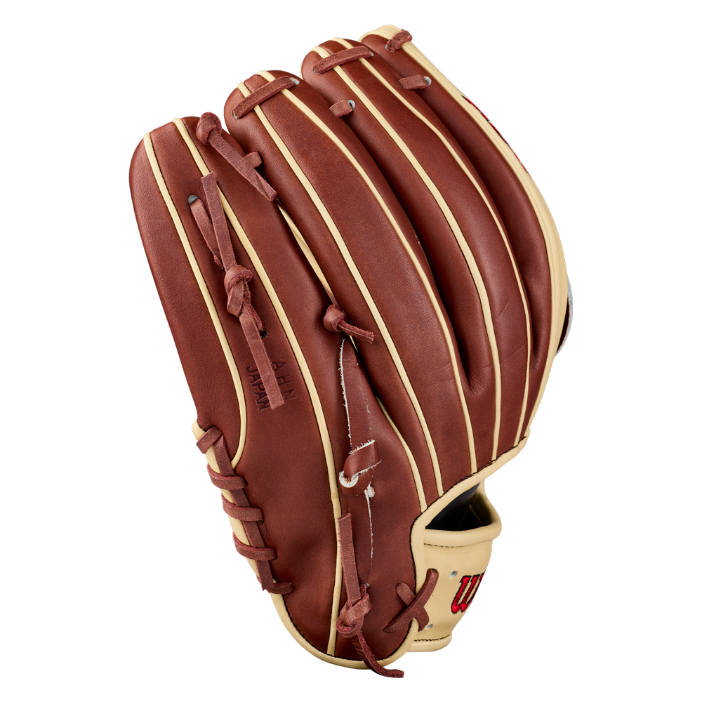 A Wilson A2K DW5 12″ Baseball Glove (WBG07801RT12) by Wilson, featuring brown and tan Pro Stock Select leather with visible stitching and laces, is shown on a white background.