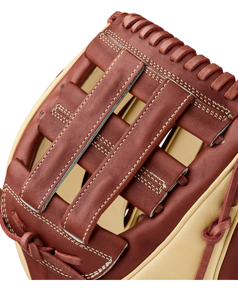 Close-up of the Wilson A2K DW5 12″ Baseball Glove (WBG07801RT12) crafted from premium Pro Stock Select leather, featuring detailed white stitching and lacing along the webbing and edges—ideal as a third base glove.