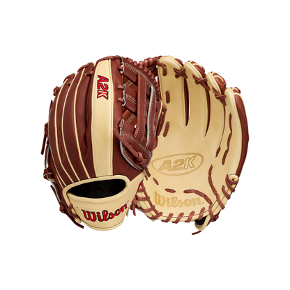 Two views of the Wilson A2K DW5 12″ Baseball Glove (WBG07801RT12) by Wilson, featuring a brown and tan design crafted from premium Pro Stock Select leather: one image displays the front with “A2K” branding and laces, while the other highlights the palm with “Wilson” and “A2K” imprinted. Ideal for third basemen, this model delivers top-tier performance for serious players.