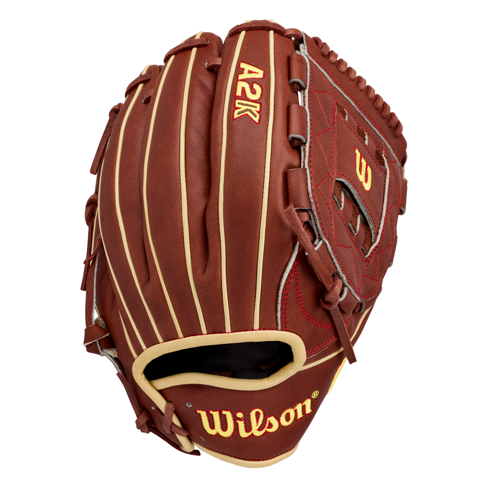 A Wilson A2K C12 12″ Baseball Glove (WBG07901RT12) by Wilson is displayed on a white background, featuring brown and tan leather with yellow and red stitching and a deep pocket ideal for pitchers.