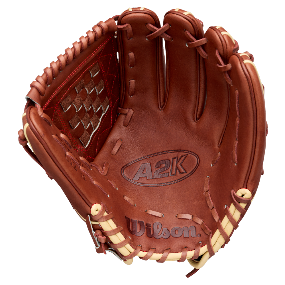The Wilson A2K C12 12″ Baseball Glove (WBG07901RT12) features an open brown design with tan laces, a deep pocket, and a prominent web pattern on the side. The Wilson brand name is embossed on both the palm and bottom of the glove, making it an excellent choice for pitchers.