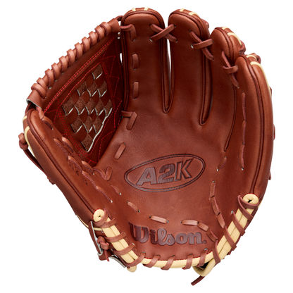 The Wilson A2K C12 12″ Baseball Glove (WBG07901RT12) features an open brown design with tan laces, a deep pocket, and a prominent web pattern on the side. The Wilson brand name is embossed on both the palm and bottom of the glove, making it an excellent choice for pitchers.