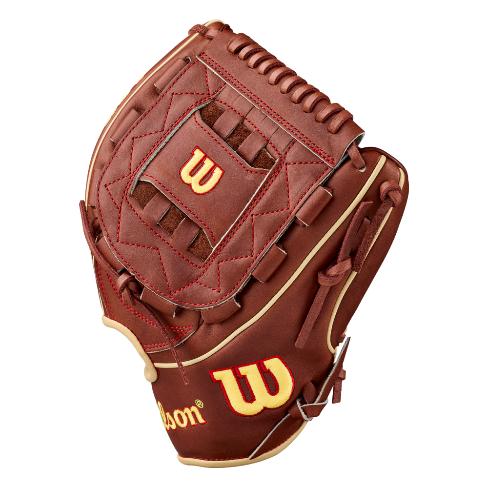 The Wilson A2K C12 12″ Baseball Glove (WBG07901RT12) by Wilson features a rich brown leather design, accented with red stitching and bold yellow “W” logos on the back. Displayed against a white background, the glove highlights its deep pocket, intricate lacing, and premium leather craftsmanship.