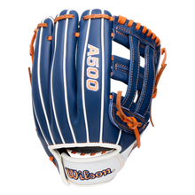 A navy blue Wilson A500 10.5″ Baseball Glove: WBG08401RT105 with white piping, orange lacing, and A500 printed on the back.