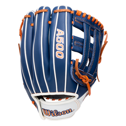 A navy blue Wilson A500 10.5″ Baseball Glove: WBG08401RT105 with white piping, orange lacing, and A500 printed on the back.