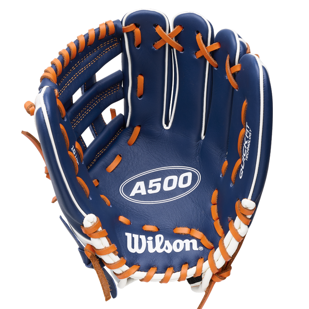 Wilson A500 10.5″ Baseball Glove: WBG08401RT105 in blue with bright orange lacing and a quick fit wrist.