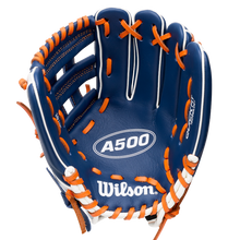 Wilson A500 10.5″ Baseball Glove: WBG08401RT105 in blue with bright orange lacing and a quick fit wrist.