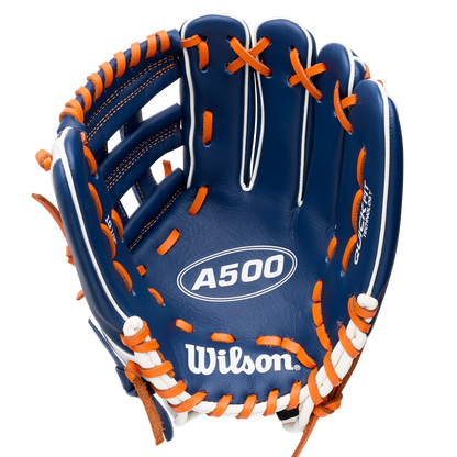 Wilson A500 10.5″ Baseball Glove: WBG08401RT105 in blue with bright orange lacing and a quick fit wrist.